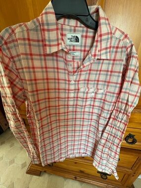 The North Face Men's Red and White Plaid Button-Down Shirt
